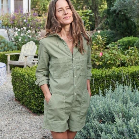 Frank & Eileen Ireland Playsuit Romper Small Green Cotton Linen Minimalist Chic - Picture 2 of 15